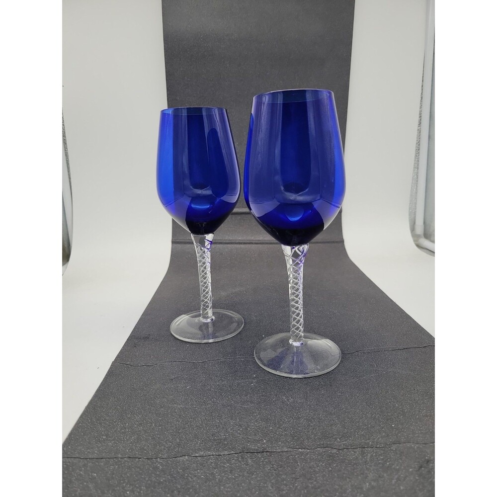 2 Braid Cobalt Blue Ballon Wine Glass Air Twist Stem Water Goblet Art Glass 8.5”
